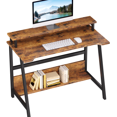 31.4 Inch Compact Computer Desk for Small Spaces, Modern Writing Table with Monitor Shelf Storage, Space-Saving Laptop Desk for Home Office & Gaming Room - brown