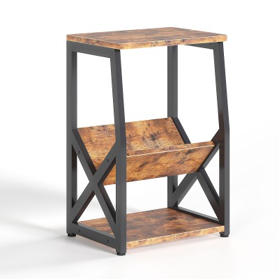 Industrial-style shelf, three-tier decorative side table with a magazine rack shelf board and a metal frame