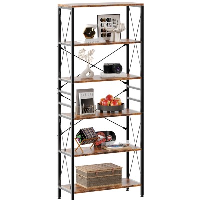 Modern Industrial 6-Tier Bookshelf, 70.5" Tall Wooden Corner Storage Organizer with Metal Frame for Bedroom, Home Office, Kitchen, or Living Room, Utility Racks