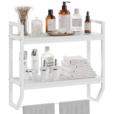 2-Tier Wooden Bathroom Shelves, Wall Mounted Freestanding Storage Rack with Towel Bar, Wall Mounted Brackets Minimalist Storage for Bathroom, Living Room, Bedroom - White